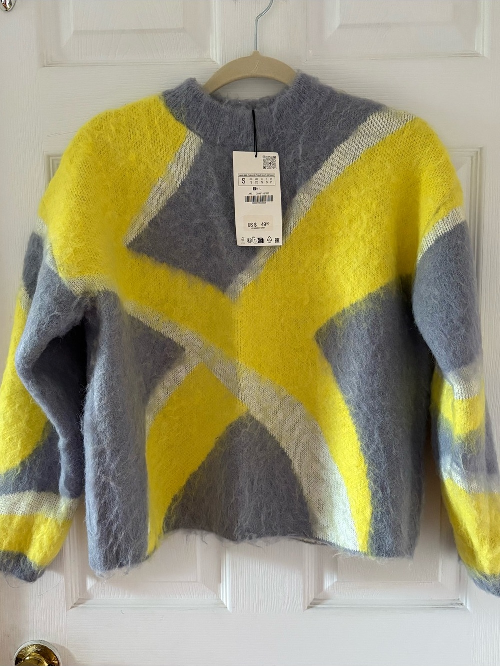 Zara Brushed Effect Patchwork Geometric Fuzzy Sweater Size Small NWT - Picture 7 of 10